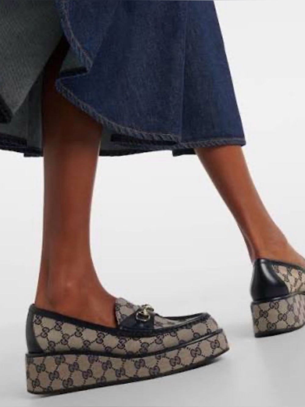 Gucci Navy Canvas Monogram Platform Loafers